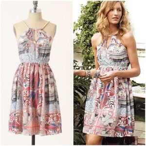 Anthropologie Floreat Castle Lake Dress Silk Rope Halter Neck Nautical Print